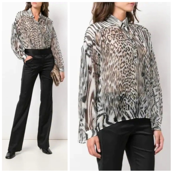 Just Cavalli 100% Silk Animal Print Sheer Shirt Large/8 44 - Picture 1 of 12